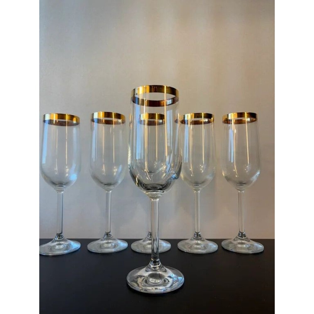 Set of 5 Gold Rim Champagne Flutes Wide Band Clear Glass Stemware